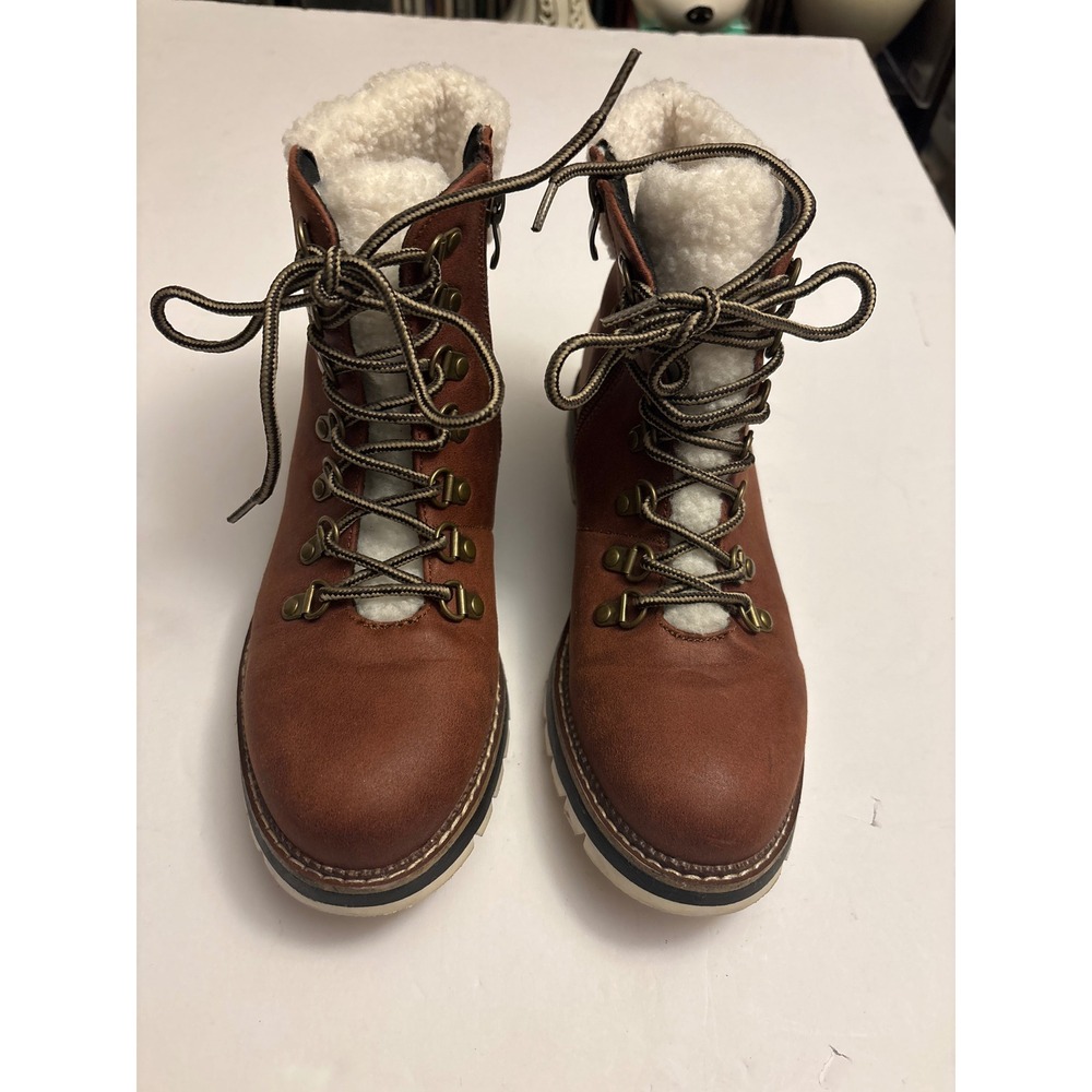 Womens Brown Lace Up‎ Winter Boots Faux Fur Lined Side Zip Warm Ankle Size 7.5